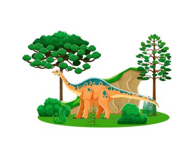 Apatosaurus, tarih öncesi dinozor karakteri. Karikatür vektörü renkli, uzun boyunlu ve kuyruklu dinozor sürüngeni, gür bir orman manzarasında canlı ağaçlar, çalılar ve kayalarla duruyor.
