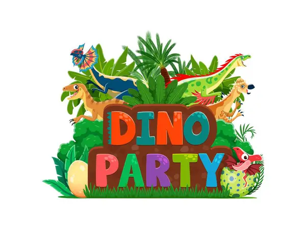 stock vector Birthday dino party invite cover. Vector vibrant and playful invitation for a dino-themed party with cartoon dinosaurs and hatching baby reptile at lush greenery landscape with colorful fun typography