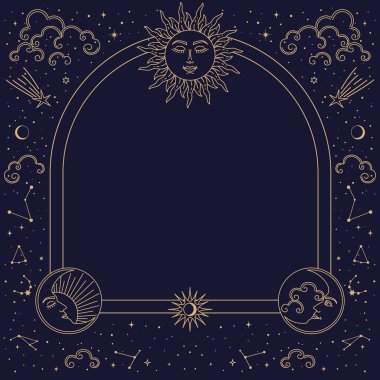 Bohem astroloji çerçevesi, mistik tarot sınırı, sihirli desen. Boho tarzı güneş, ay ve yıldız takımyıldızları, bulutlar ve kuyrukluyıldızlar içeren vektör göksel, mistik, ruhani veya astrolojik arkaplan