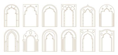 Müslüman çerçeveler, Ramazan Arap boho kemerleri vektör çizgisi sınırlarında minimal sanat yıldızları, bayram fenerleri ve müslüman kemerleri. Estetik Ramazan bohem kapı veya pencere çerçeveleri