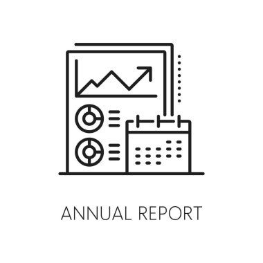 Maliye ve iş dünyasındaki finansal analizler için yıllık rapor çizgisi simgesi, vektör sembolü. Şirket gelirleri, vergi ve bütçe harcamaları için muhasebeci denetimi için yıllık mali rapor simgesi