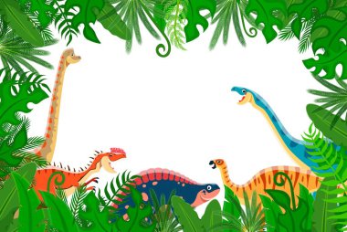 Orman sarmaşıkları ve orman yeşili yapraklı arka plandaki komik dinozorlar. Şirin dinazor hayvan çizgi film karakterleri, vektör sınırları olan brachiosaurus, lotosaurus, camptosaurus ve jurassic bitkiler.