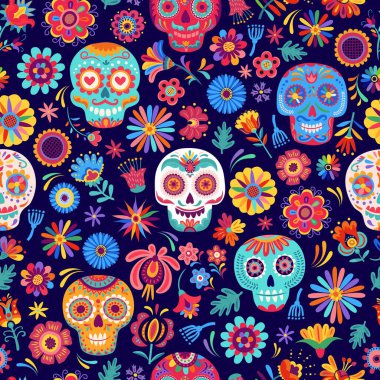 Calavera şekerli kafatasları ve tropikal çiçekleri olan kusursuz bir Meksika deseni. Ölü bayram vektör baskısı günü veya ambalaj kağıdı arka planı, süslü kafatasları olan Dia de Los Muertos tekstili