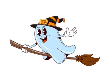 Korku gecesi tatili için cadı süpürgesinde cadılar bayramı hayaleti karakteri, vektör komik boo. Cadılar Bayramı çizgi film karakteri için süpürge sapı üzerinde uçan cadı şapkası takan neşeli yüzlü hoş bir hayalet.