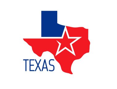 Teksas eyaleti sembolü, harita simgesi, bölge sınırı kırmızı ve mavi renkli tek yıldız. İzole vektör amblemi birliği, zengin tarihi, kültürel kimliği ve ABD devletinin bağımsız ruhunu sembolize eder.