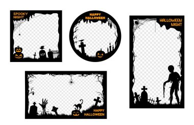 Cadılar Bayramı sosyal medya şablonları. Sonbahar korkunç güz sezonu korku kutlaması vektör sınırları. Mutlu Cadılar Bayramı sosyal medya paylaşımları Zombi, mezarlık ve balkabaklarıyla