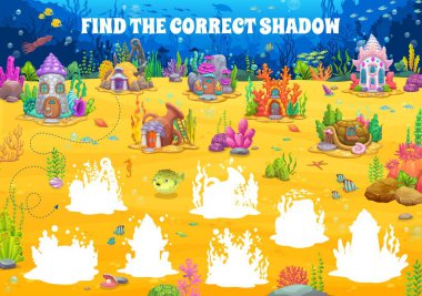 Çocuk oyunu, su altı peri masalı evleri ve evlerinin doğru bir gölgesini bul. Vektör bulmaca çalışma tablosu, çocukların mantık etkinliği, anaokulu veya anaokulu eğitimi zihin gelişimi bilmecesi