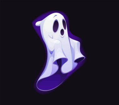 Karikatür cadılar bayramı hayalet karakteri, korkunç ürkütücü kişilik, korkunç kötü canavar. İzole edilmiş vektör hortlağı, üzgün bir yüz ifadesi olan beyaz bir hayalet. Ürkütücü korkunç öcü ellerini kaldırarak bağırıyor.