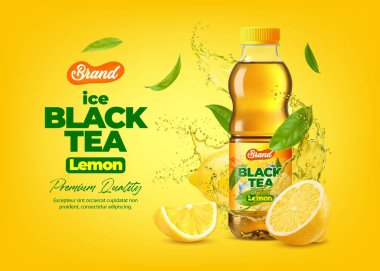 İçkili, yeşil yapraklı ve limon dilimli 3D gerçekçi siyah çay şişesi. Canlandırıcı ve doğal içecek reklamlarında taze narenciye aromalı kaliteli buzlu çay sergileniyor.