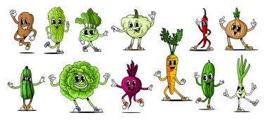 Çizgi film modası geçmiş neşeli ve neşeli yüzlü sebze karakterleri. Patates, lahana, kereviz, brokoli ve sarımsak. Havuç, kırmızı biber, soğan veya salatalık, pancar, yeşil soğan, marul.