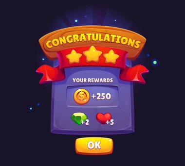 Oyun hediye kartı, arayüz simgesi. Vektör zafer afişi ya da altın yıldızlı, varlıklı ve kırmızı kurdeleli bir ödül penceresi. Kazanan başarı ödülü, takdir amblemi, başarı kutlama etiketi