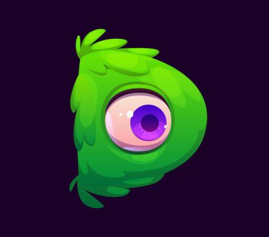 D harfi Cadılar Bayramı yazı tipi, şeytani çizgi film tipi, komik korkunç yazı tipi, ürkütücü alfabe büyük harfli canavar gözlü ve yeşil kürklü. İzole edilmiş vektör ürkütücü Latin çocuklar, ABC, tatil tipografisi