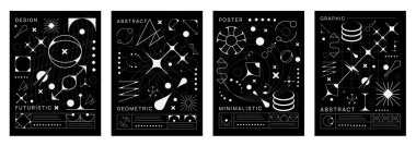 Soyut geometrik şekilleri ve elementleri olan acımasız y2k posterleri. Vektör ızgara deseni, tek renkli çizgi yıldızları, uzay gezegeni küreleri ve güneşi, estetik sanat figürleri ve modaya uygun gelecekçi grafik formları