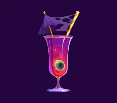 Cadılar Bayramı karikatür kokteyli, yüzen göz küresi ve siyah şemsiyeli uzun bir bardakta servis edilen çizgili kamışla süslenmiş vektör soğutucu içecek. Canlı kırmızı ve mor korku içeceği.