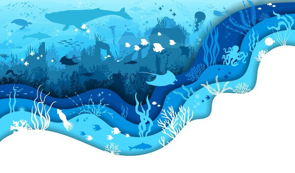 Paper cut underwater landscape with corals and reefs, seaweeds and sea animals. Manta ray, fish shoal, jellyfish, whale, and octopus silhouettes. 3d vector ocean depths scene inside of wavy frame