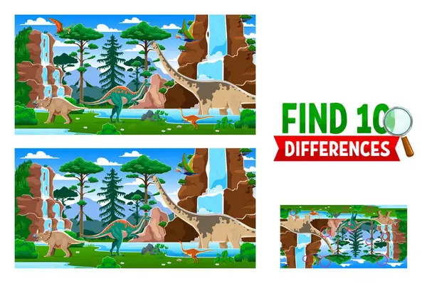 Stock vector Find ten differences between prehistoric dinosaurs landscape with lush greenery and waterfall. Vector kids game worksheet with cartoon dino character species. Educational children riddle, activity