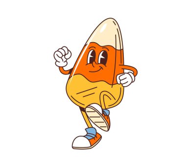 Çizgi film, Cadılar Bayramı şekerleme karakteri ifade edici gözleri, eldivenleri ve spor ayakkabıları olan. İzole edilmiş vektör hayat dolu, neşeli mısır şekeri tatlı kişilik neşeyle kasıla kasıla yürüyor, neşeli bir gülümseme sergiliyor.