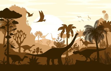 Dinozor siluetleri, Jurasik tarih öncesi manzaranın vektör gölge sahnesi. Dinozor hayvanları ve palmiye ağaçları ve eğreltiotları ile büyük bir günbatımı güneşi altında, kahverengi arkaplan monokromatik