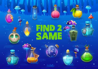 Aynı Cadılar Bayramı iksiri şişelerinden iki tane bul. Çocukların peri masalı orman vektör geçmişi üzerine çalışma kağıtları. Cadılar Bayramı cadı iksiri şişeleri, sihirbaz zehri ya da simya iksiri şişeleri ile eşleşen yapboz testi