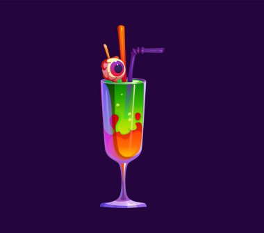 Çizgi roman Cadılar Bayramı kokteyli. Yeşil ve turuncu katmanlı canlı vektör içeceği, uzun camlı, kanlı gözbebeği garnitürlü ve çoklu pipetli. Korku gecesi etkinliği için ürkütücü ve eğlenceli bir içecek.