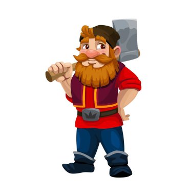 Çizgi film cücesi oduncu ya da oduncu karakteri. İzole vektör cüce şahsiyet, gür sakallı ve kırmızı gömlekli, omzunda büyük bir balta tutan, peri masalı büyüsü ve orman büyüsü saçan