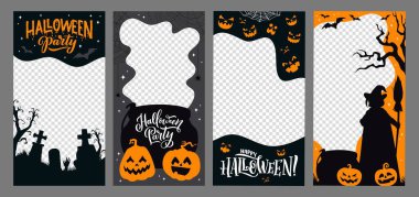 Cadılar Bayramı sosyal medya şablonları. Cadılar Bayramı kutlama sezonu online broşürleri veya vektör afişleri, cadı mevsimi medya şablonları, mezar taşı, gülen balkabağı yüzleri ve sihirli kazan