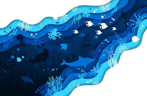 Paper cut underwater landscape with seaweeds, coral reef and sea animals. Manta ray, fish shoal, jellyfish and octopus, dolphin or turtle silhouettes. 3d vector ocean depths scene inside of wavy frame