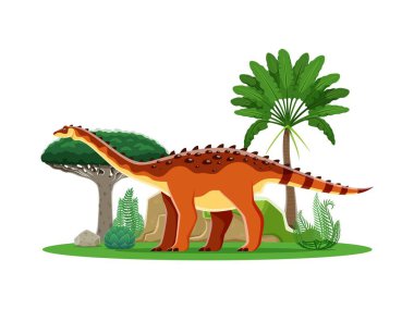 Aegyptosaurus karikatür tarih öncesi dinozor karakteri. Doğal ortamda, kayalar, ağaçlar ve eğreltiotu bitkileriyle izole edilmiş eski otçul sürüngen hayvan. Geç Kretase Paleontolojisi Dönemi Kertenkelesi