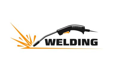 Kaynak simgesi, kıvılcımlı kaynak aracı. Tarzlı kaynak makinesiyle izole edilmiş vektör amblemi. Parlak, dinamik kıvılcımlar yayıyor. Endüstriyel metal iş hizmetleri sürecini sembolize ediyor.