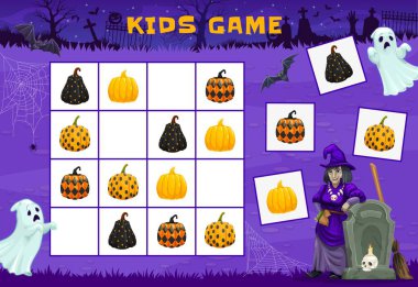 Bayram karakterleri ve mezarlıkta desenli balkabaklarıyla cadılar bayramı sudoku çocuk oyunu. Cadılar Bayramı korku yapboz blokları vektör çalışma tablosu ile ürkütücü cadı, hayalet, yarasa, örümcek ve mezar taşı