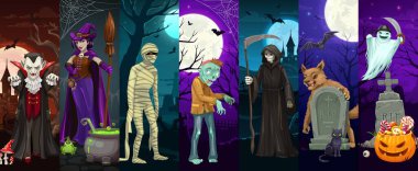 Çizgi film, Cadılar Bayramı korkunç tehlikeli karakterler. Korku gecesi tatilinin ürkütücü canavarlarıyla vektör kolajı. Zombi ve mumya, ölüm meleği, cadı ya da vampir, kurt adam, mezarlıktaki hayalet...