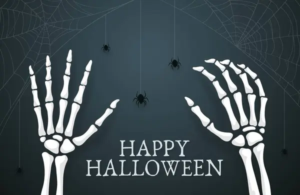 stock vector Halloween skeleton hands with spiders and cobweb vector banner of horror holiday trick or treat party. Scary bone arms of Halloween monster, white silhouette of human skeleton hands on dark background