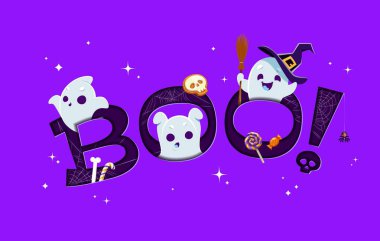 Cadılar Bayramı gazetesi, Kawaii hayalet karakterleri ve tatil şekerleri ile bu afişi kesti. Komik uçan hayaletler ve cadı şapkası ve süpürgesi olan ruh vekil kişilikleri, üç boyutlu kağıt kesiği, şekerler ve kurabiyeler.