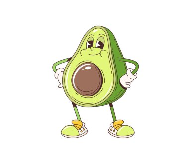 Yüzünde komik bir gülümseme olan çizgi film modası geçmiş olgun avokado karakteri, vektör funky çizgi romanı. 70 'lerin hippi ya da çizgi filmi avokado olumlu duygu emojisi için yüzünde tohum ve mutlu bir gülümseme ile yarıya indi.
