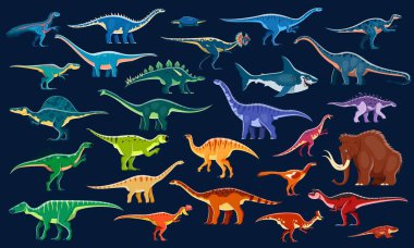 Renkli karikatür tarih öncesi dinozor vektörü seti. Renkli dino türleri, karasal veya suda yaşayan etoburlar, hepçiller, otçullar ve canlı renklere sahip mamutlar. Jurasik dönemden kalma antik sürüngenler