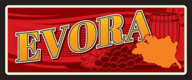 Portekiz, Portekiz ve Portekiz 'in Evora şehri ve belediyesi. Vektör seyahat plakası, klasik tabela, retro kart tasarımı. Üzümlü plaket, şarap fıçısı ve bölge haritası.