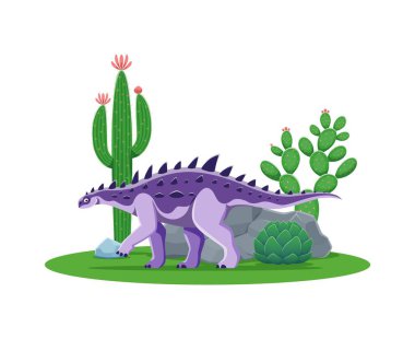 Dinozor tarih öncesi karakteri veya karikatür Jurassic dino Struthiosaurus, vektör kertenkele. Jurassic dönemi dinozor Struthiosaurus çocuk paleontoloji oyuncak koleksiyonu için ormandaki çivileri ile