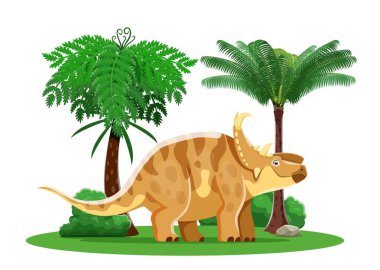 Dinozor, karikatür tarih öncesi karakter veya Pachyrhinosaurus dino, vektör komik kertenkele. Çocuk paleontolojisi için ormanda boynuzları olan tarih öncesi Pachyrhinosaurus dinozor kertenkelesi çağı