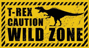 Grunge T-Rex dinozor uyarı işareti. Tehlike tyrannosaurus rex dino hayvan vektör silueti uyarı levhası, uzak durun ya da dikkat edin. Kükreyen tarih öncesi dinozor uyarı bölgesi işareti, çizgili çerçeve