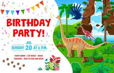Doğum günü daveti, komik dinozorları olan dino parti broşürü. Karikatür brachiosaurus, anchisaurus ve Argentavis 'i içeren canlı bir festival şablonu, bereketli bir manzara, flama ve konfeti.
