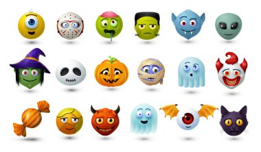 Cadılar Bayramı emoji seti, çizgi film karakterleri. Ekim korku bayramı, Cadılar Bayramı ürkütücü karakterler. Zombi, vampir, uzaylı ve cadı, balkabağı, hayalet, palyaço ve şeytan içeren akıllı telefon emojisi.