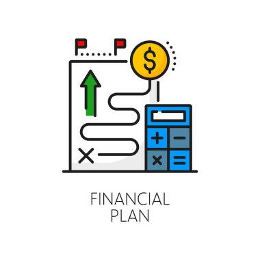 Renkli finansal plan ikonu, vektör parası, iş, finans yönetimi ve planlama. Dolar para birimi simgesiyle büyüyen gelirin hesap makinesi ve istatistiksel tablosu.