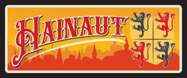 Belçika 'nın Hainaut ili, Belçika bölgesi ve bölgesi. Vektör seyahat plakası, klasik tabela, retro kart tasarımı. Şehir silueti ve arması olan hatıra levhası veya kartı.