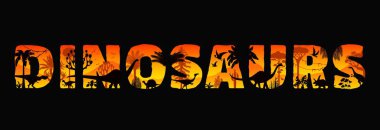 Dinozorlar orman günbatımı siluetleri. Dinazorların dinazor türleriyle dolu olduğu vektör sözcük. Alacakaranlık ormanı zemininde ağaçlar, uçan Pterozor 'lar ve tarih öncesi bitkiler, sıcak turuncu ve sarı huesV renginde.