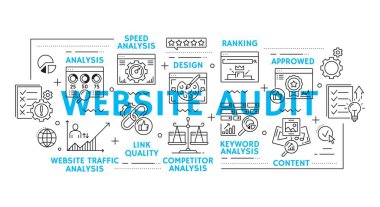 Web analizlerinin web denetim hattı simgeleri, içerik optimizasyonu ve web performansı, vektör arkaplanı. Rekabet analizinin İnternet denetim hattı piktogramları ve web sitesi trafiği veya SEO içeriğiyle sıralama