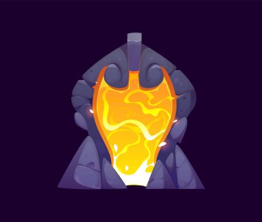 Fantezi oyunu sihirli kapı, büyücülük oyunu varlığı. Karikatür vektörü, taştan bir kemer içindeki güçlü büyülü kapı aralığı, yoğun bir şekilde turuncu ve sarıyla parıldıyor. Cadılık macera oyunları için kapılar