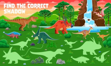 Tarih öncesi dinozorların doğru gölgesini bul, çocuklar için çizgi film quiz oyunu, vektör çizelgesi. Jurassic Park Ormanı 'ndaki çocuk oyununda T-rex tyrannosaurus' un doğru gölge siluetini bul ve bul.