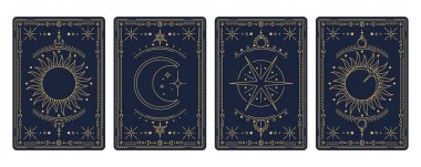 Sihirli okült ve esrarengiz sembolleri ve mistik işaretleri olan tarot kartları, vektör ters güverteleri. Altın çizgili tarot kartları güneş, ay hilal ve kutsal geometri tasarımlı göksel çerçevelerde yıldız.