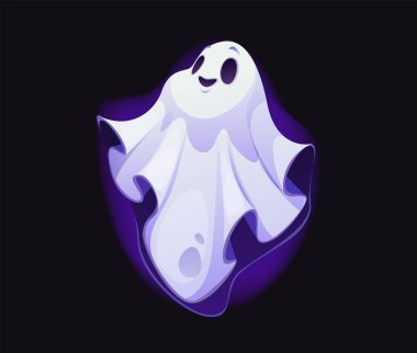 Karikatür cadılar bayramı hayalet karakteri, korkunç ürkütücü kişilik, mutlu yüz ifadesi olan korkunç canavar tatil gecesinde geziniyor. Neşeli ve dost canlısı hayalet, neşeli ve neşeli bir ruh taşıyor.