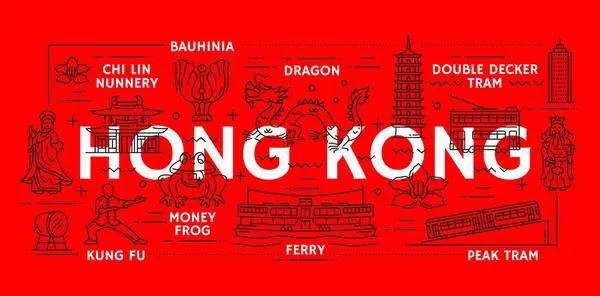 stock vector Hong Kong travel landmarks, sightseeing attractions and tourism, vector line icons. Hong Kong national landmarks of Asian temple pagoda, ferry and peak tram with culture dragon and bauhinia flower